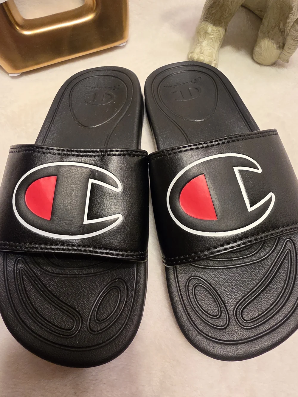 Champion Kids' Black Slide Sandals with Red Logo